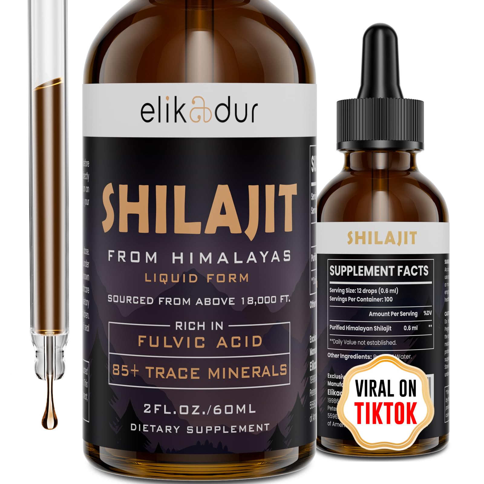 Elikadur Shilajit resin dropper close-up showing purity and mineral richness.