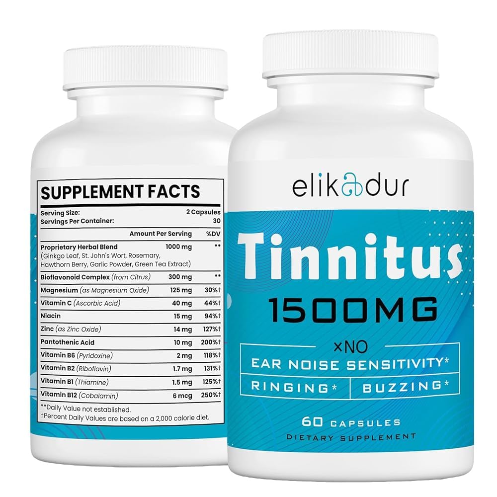 Elikadur Tinnitus 1500mg bottle front view for daily ear support.