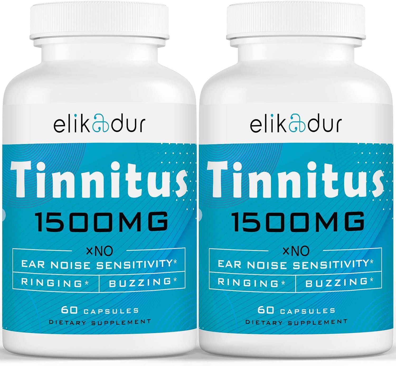 Elikadur Tinnitus 1500mg per serving bottle showing potency for daily ear wellness