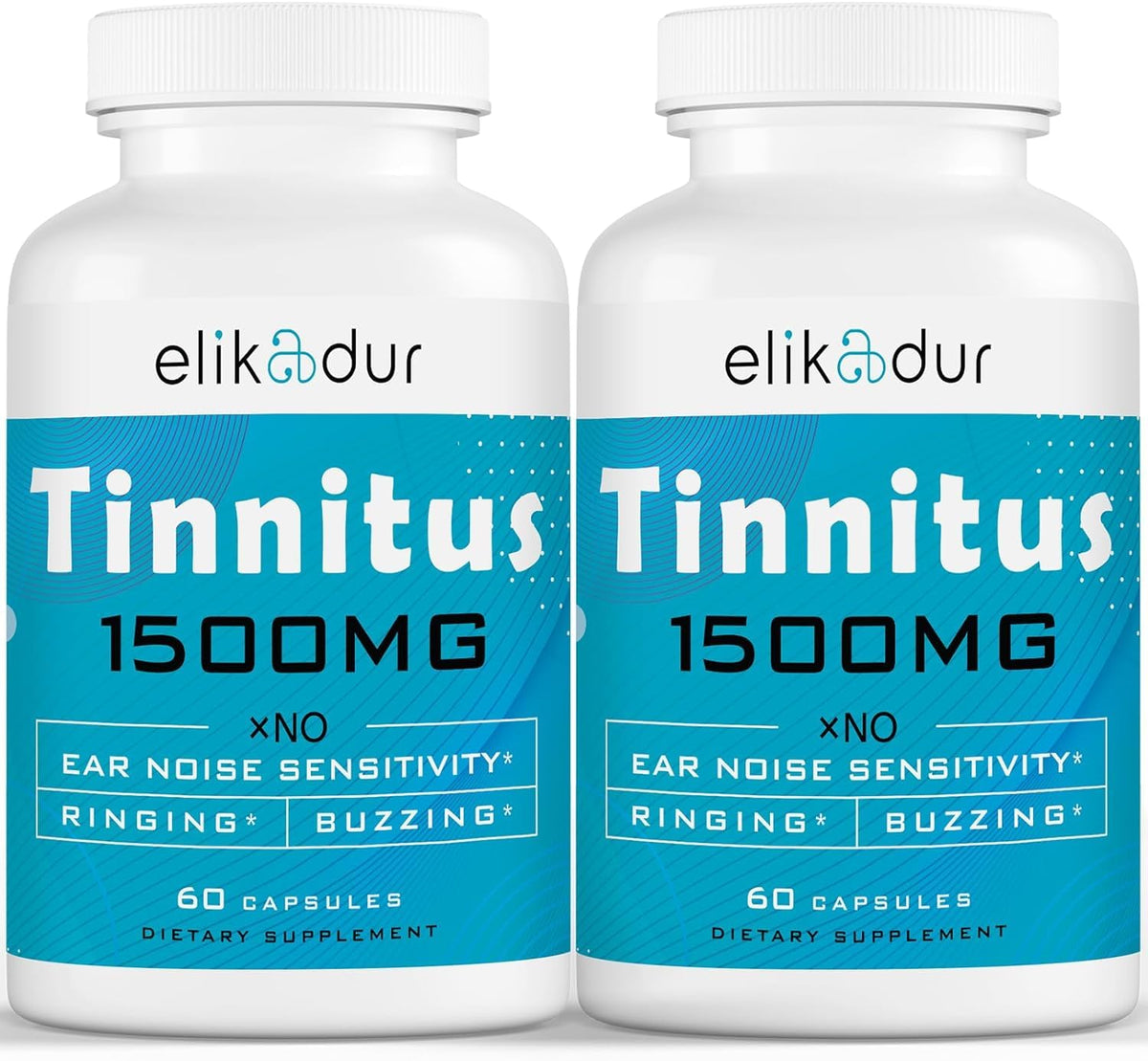 Elikadur Tinnitus 1500mg per serving bottle showing potency for daily ear wellness