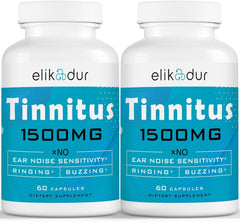 Elikadur Tinnitus 1500mg per serving bottle showing potency for daily ear wellness
