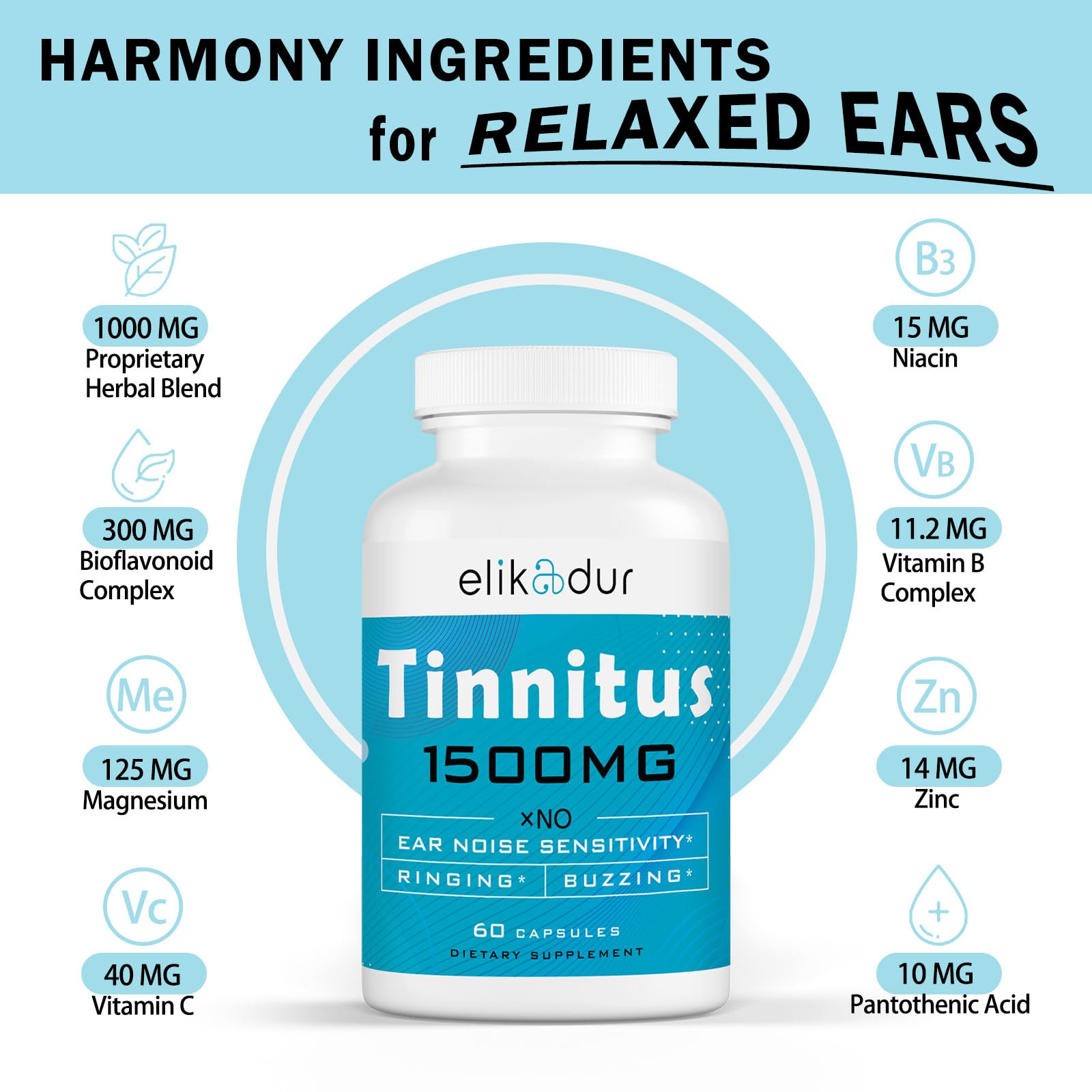 Elikadur Tinnitus bioflavonoid complex label highlighting antioxidant support for ear health.