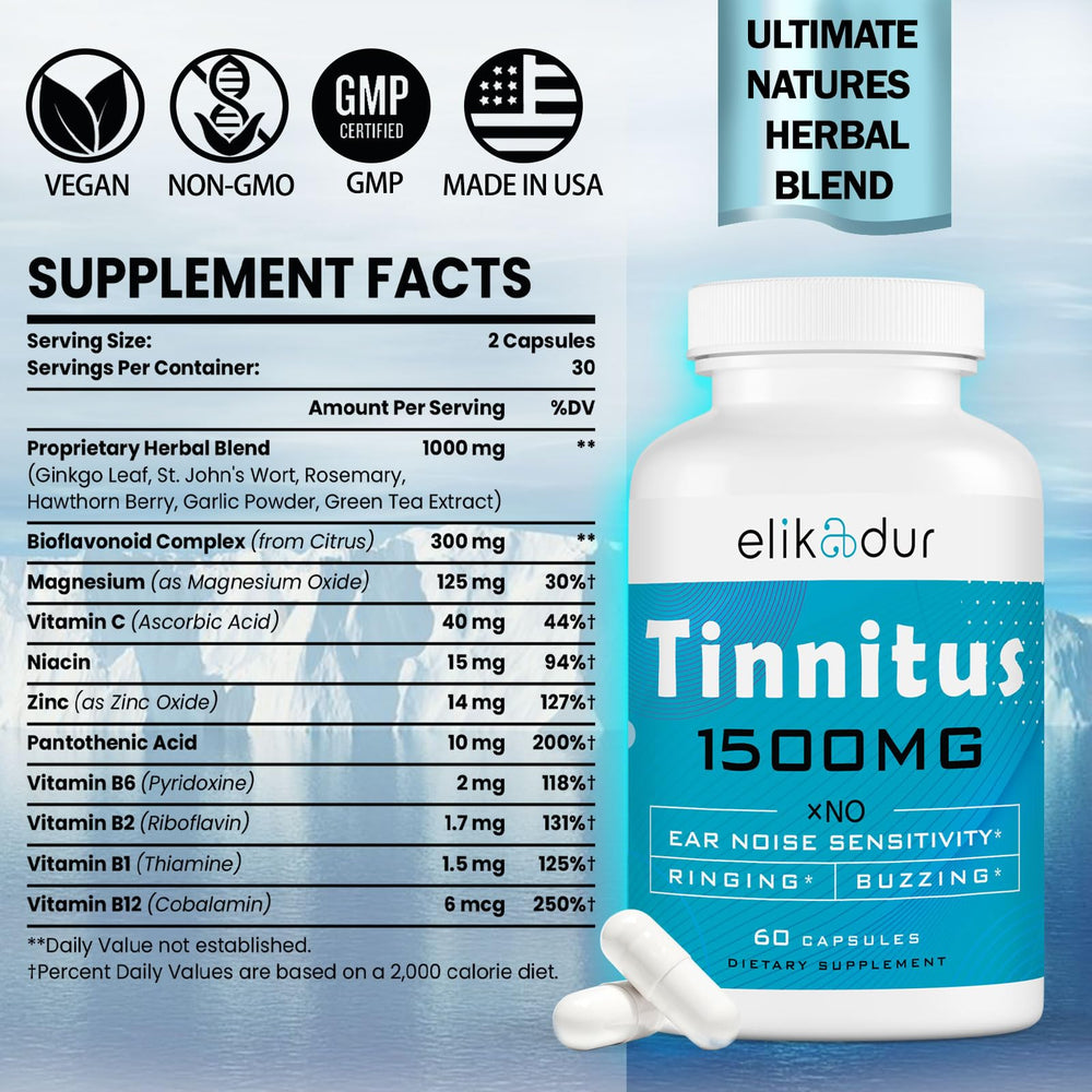 Elikadur Tinnitus capsules closeup showing easy-to-take softgels.