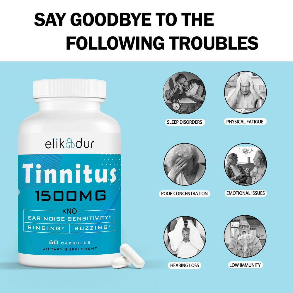 Elikadur Tinnitus herbal blend bottle signals natural formulation for tinnitus comfort.