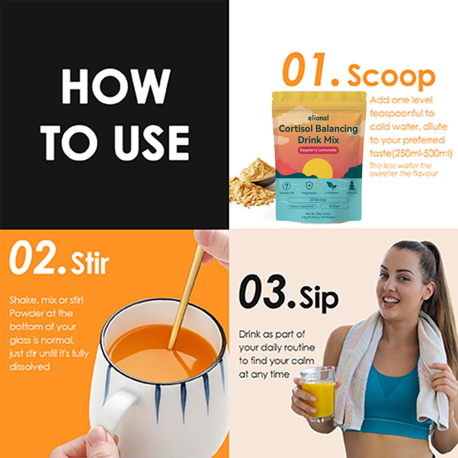 Elional Cortisol Drink Mix dissolving in cold water.