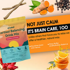 Elional Cortisol Drink Mix packets on a desk, ready to mix.