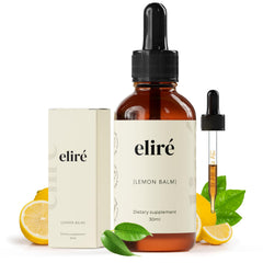 Eliré Organic Lemon Balm Drops bottle with clear label for post-meal comfort