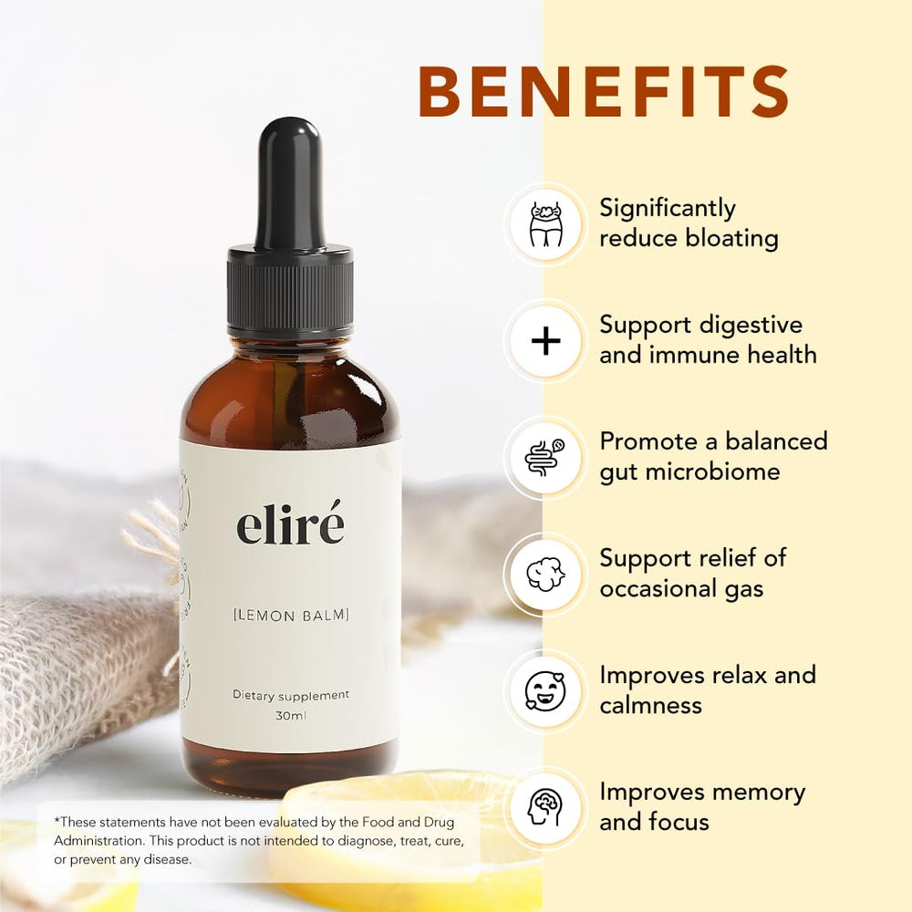 Eliré Lemon Balm Drops pour bottle ideal to mix into tea for post-meal relief