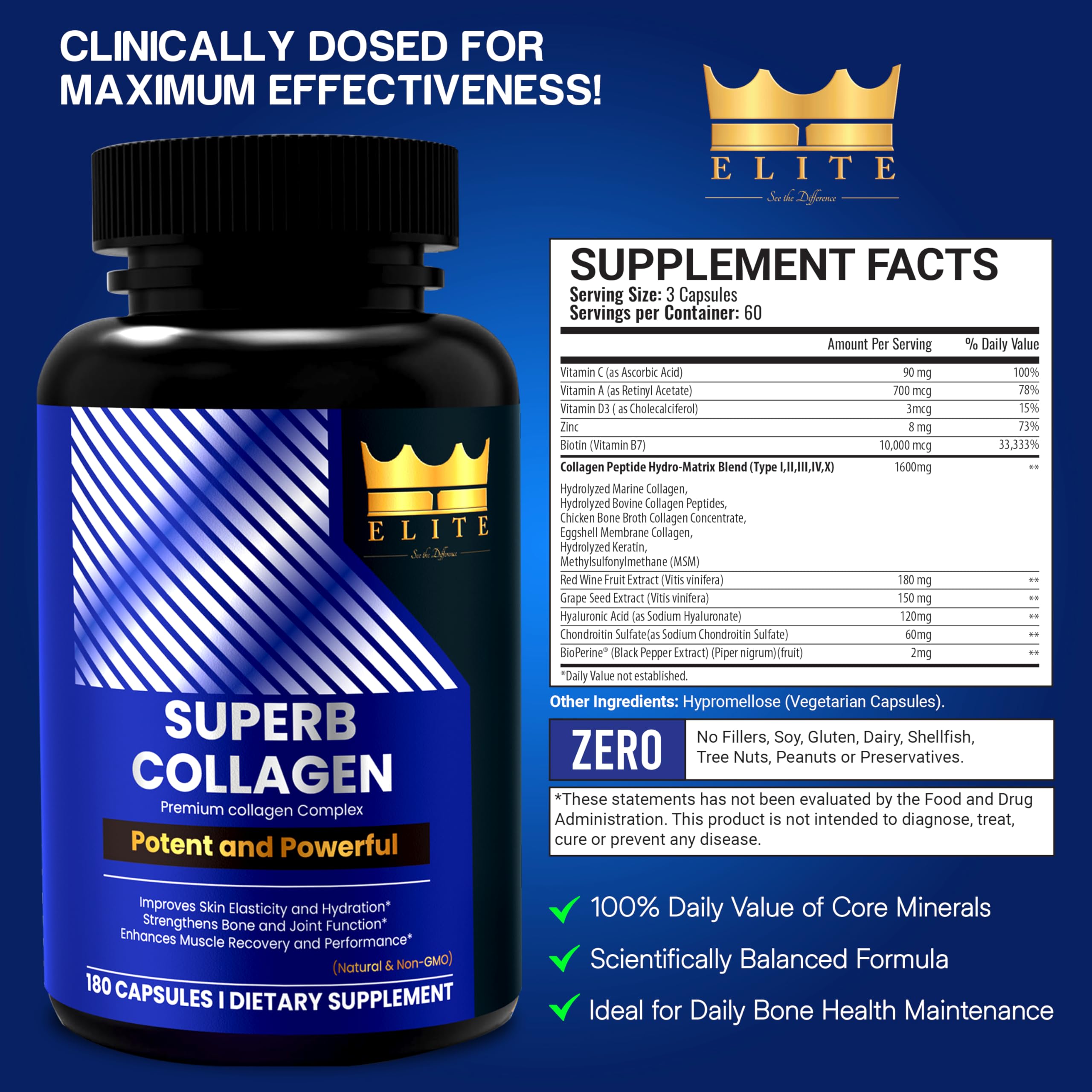 ELITE Crown Elite Superb Collagen packaging display with grass-fed, non-GMO notes