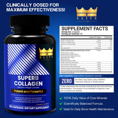 ELITE Crown Elite Superb Collagen packaging display with grass-fed, non-GMO notes