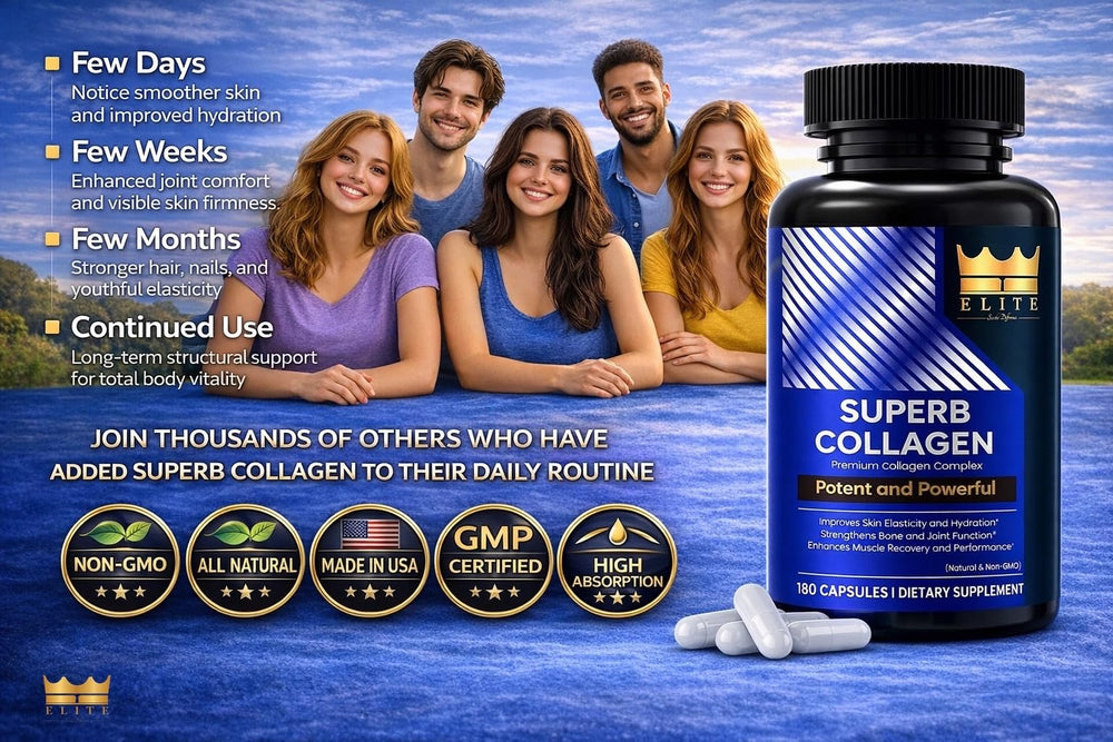ELITE Crown Elite Superb Collagen supplement scene showcasing product in lifestyle setup