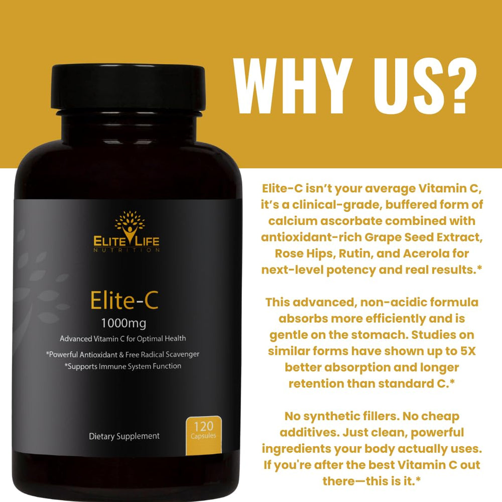 Elite-C capsules close-up emphasizes gentler, non-acidic vitamin C.