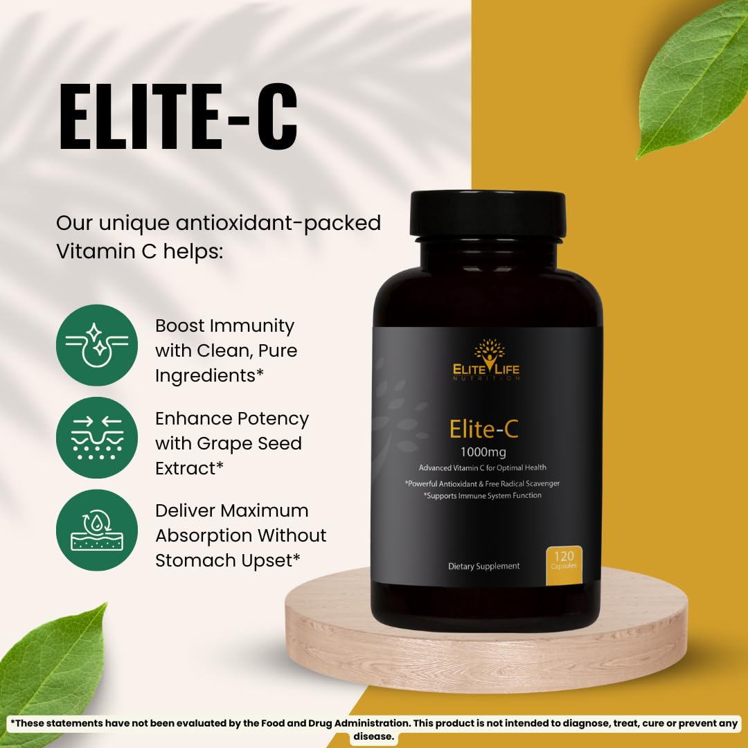 Elite-C ingredients graphic features grape seed, rose hips, rutin, and acerola.