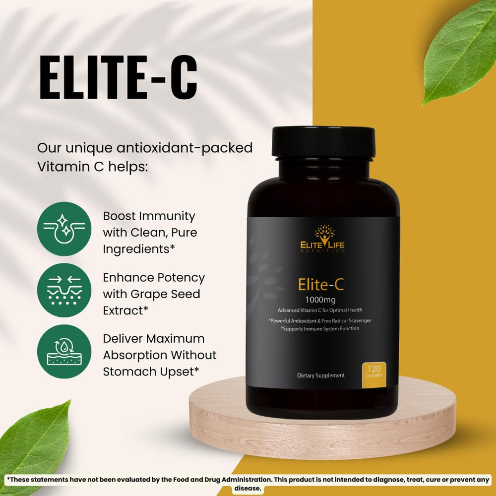 Elite-C ingredients graphic features grape seed, rose hips, rutin, and acerola.