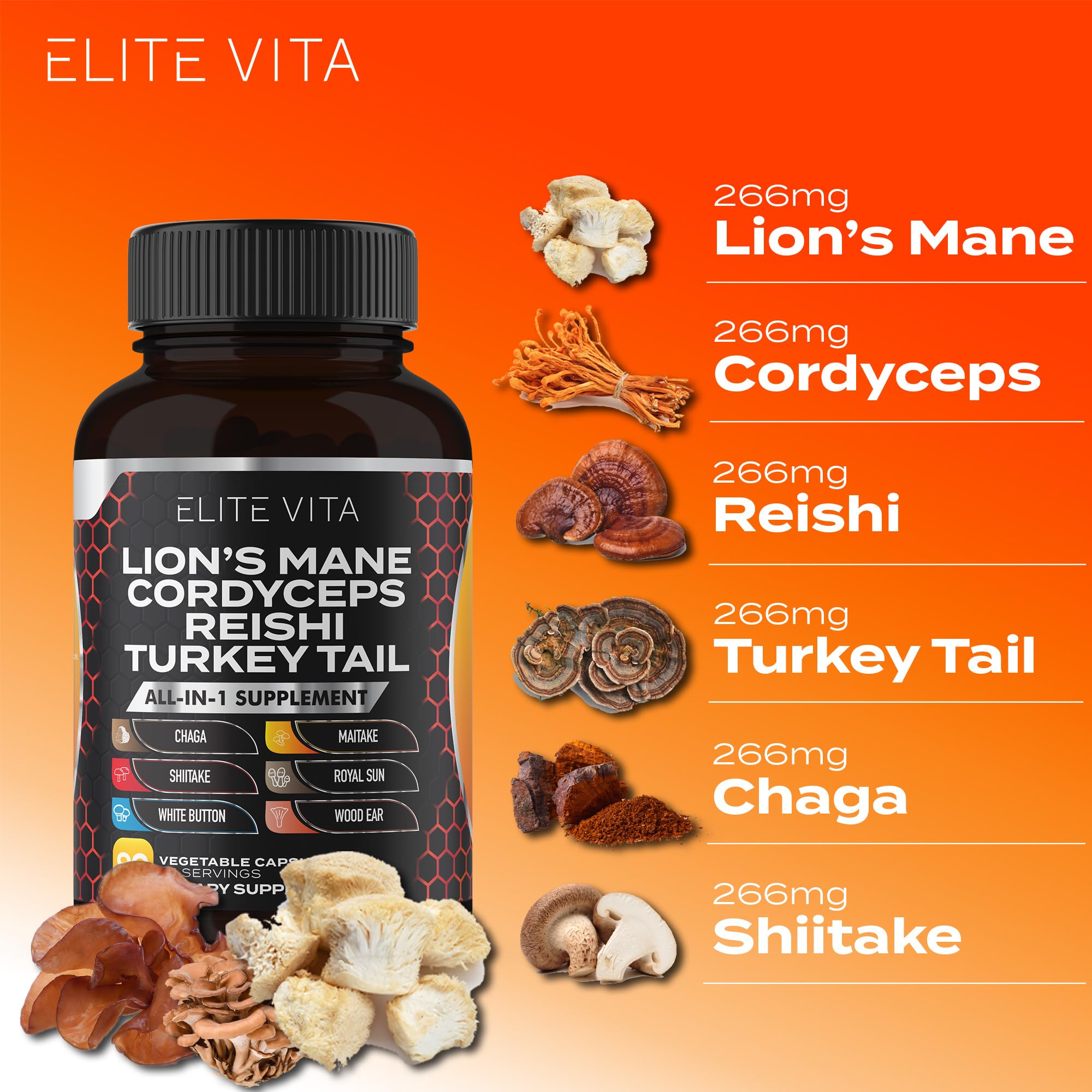 Elite Vita mushroom blend ingredients display for cognitive support.