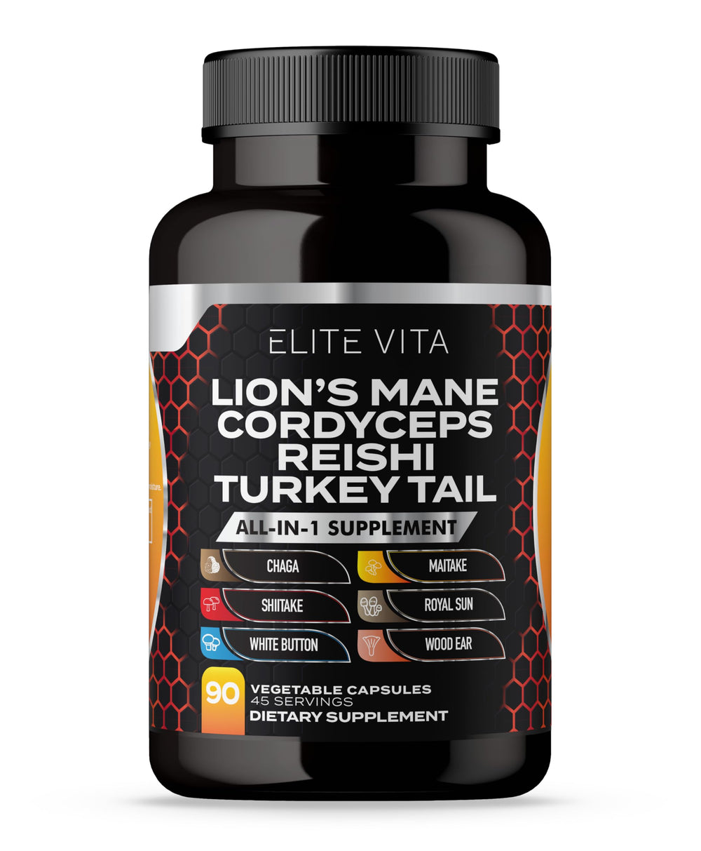 Elite Vita nootropic mushroom bottle front view for focus support.