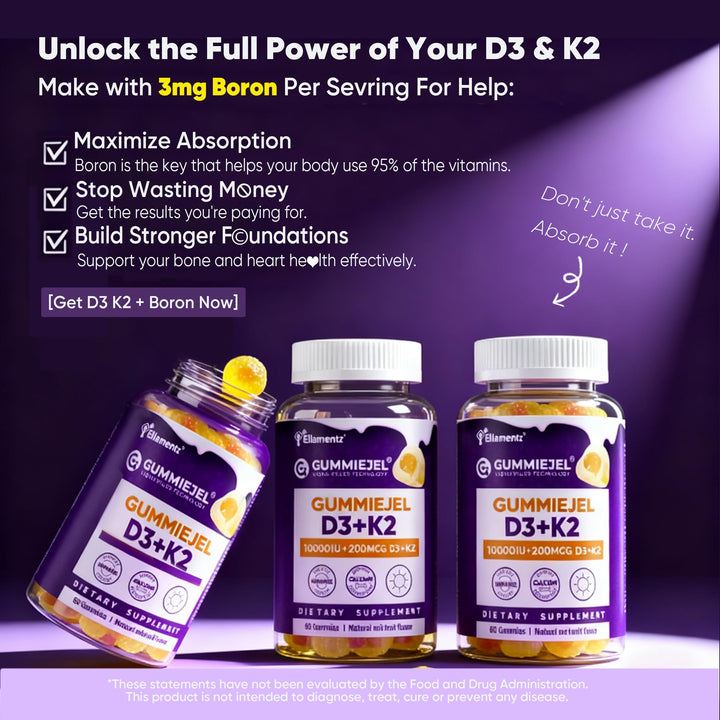 ELLAMENTZ calcium citrate gummies aid calcium uptake and bone health.