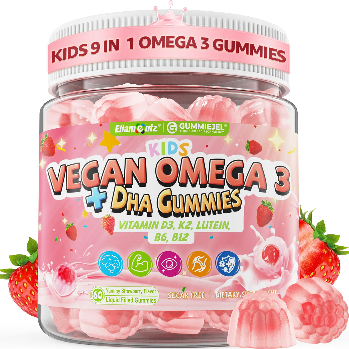 ELLAMENTZ Kids Omega-3 Gummies strawberry center cross-section shows dual-layer formula for potency.