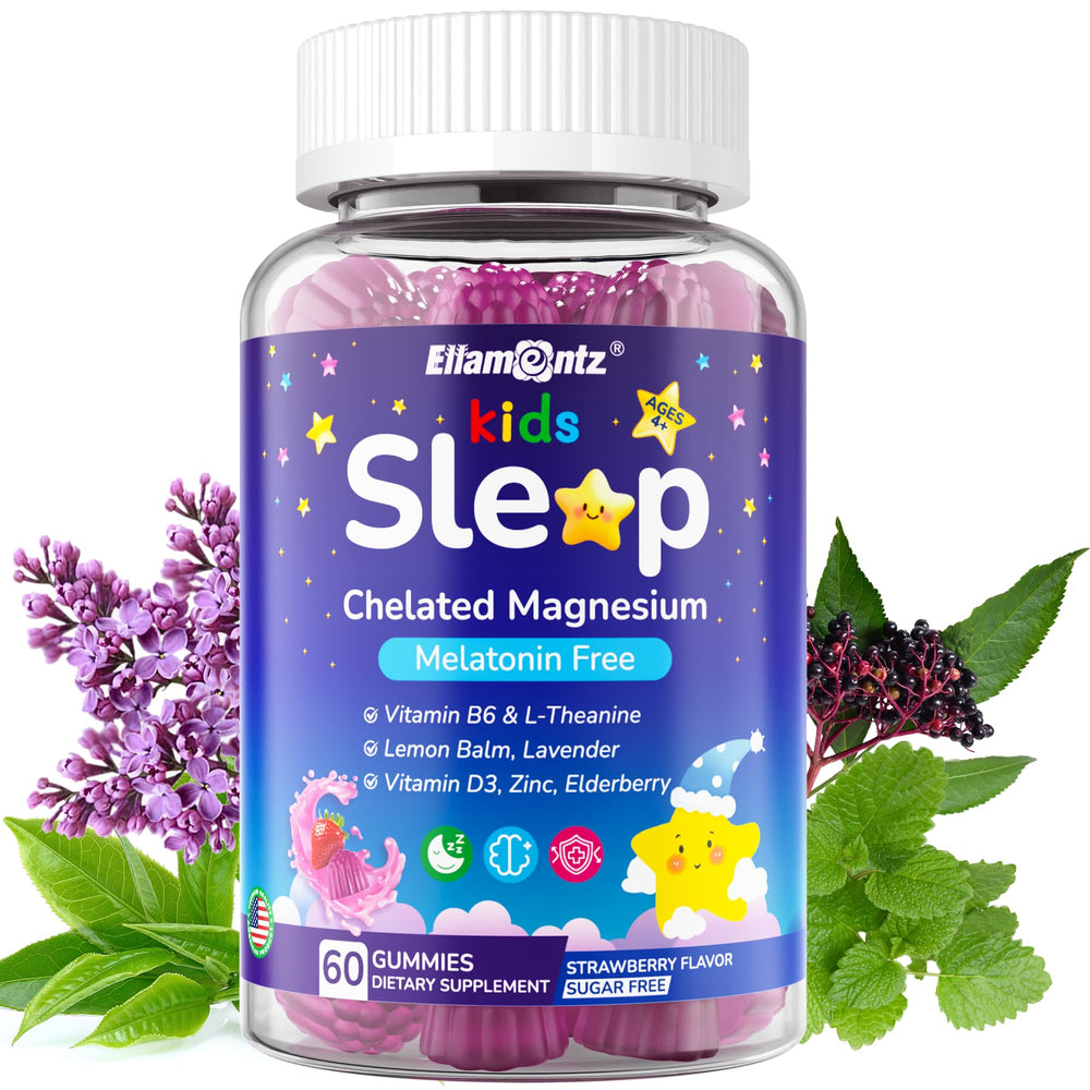 ELLAMENTZ Kids Sleep Gummies bottle promoting a calm bedtime routine