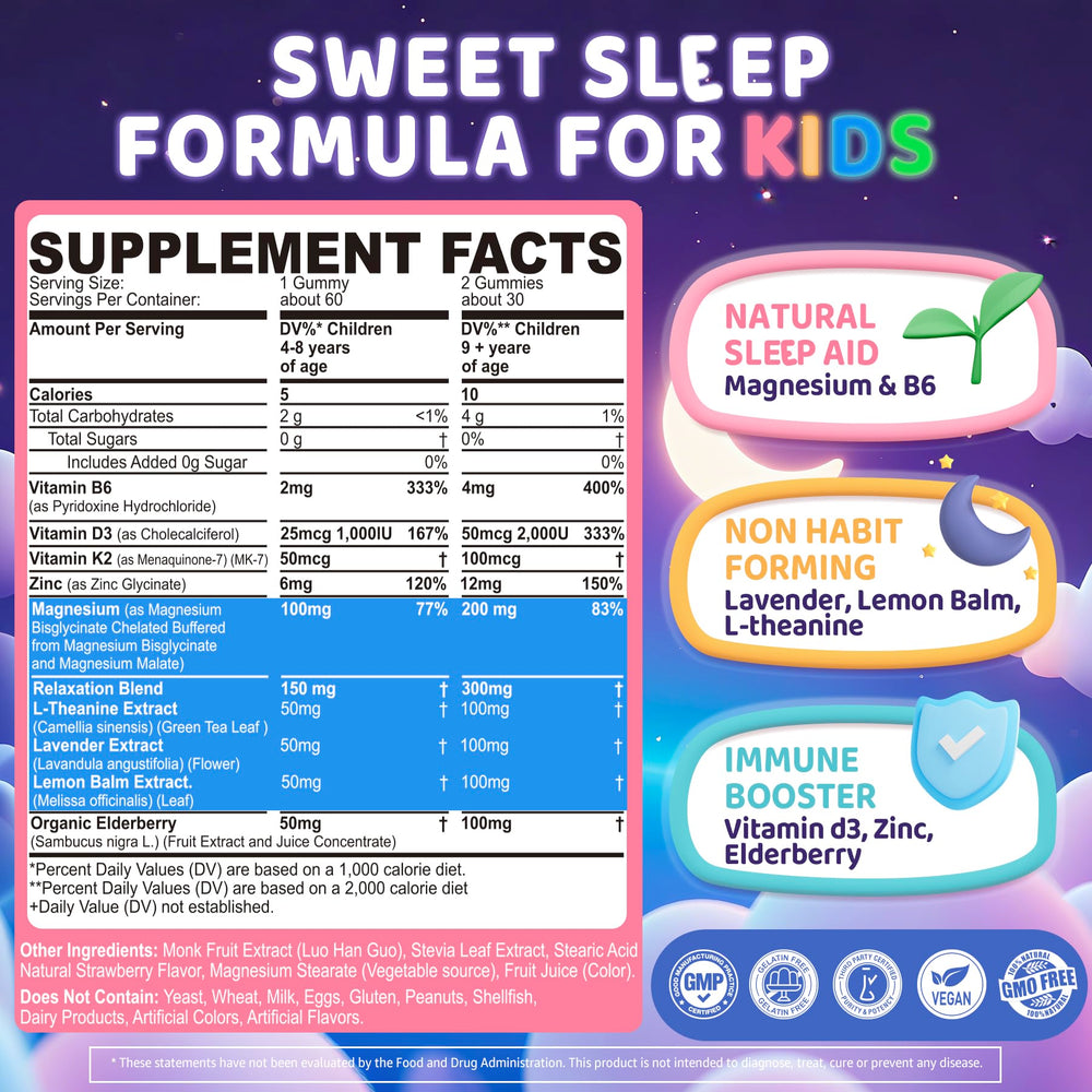 Label closeup highlights ingredients that support rest and immunity.