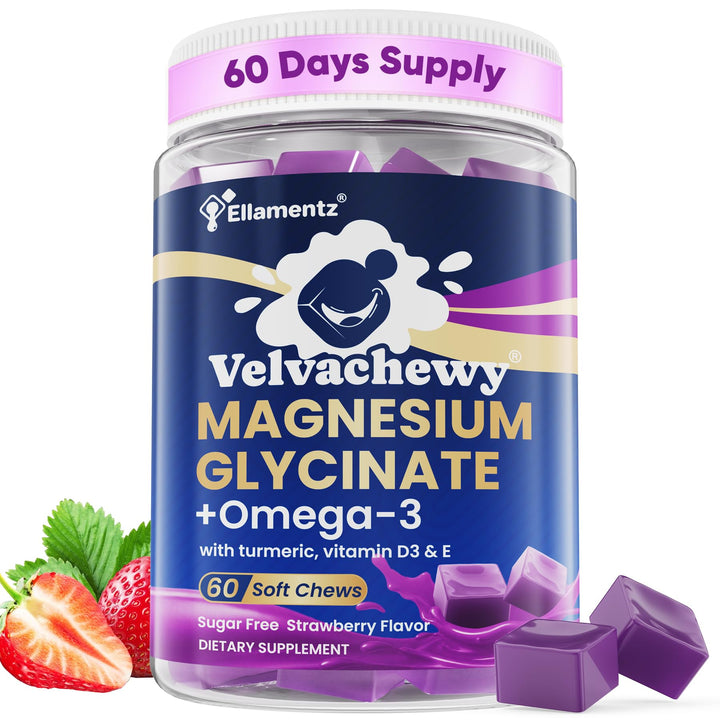 ELLAMENTZ Magnesium Glycinate Gummies bottle; smooth, sleep-friendly daily chew.