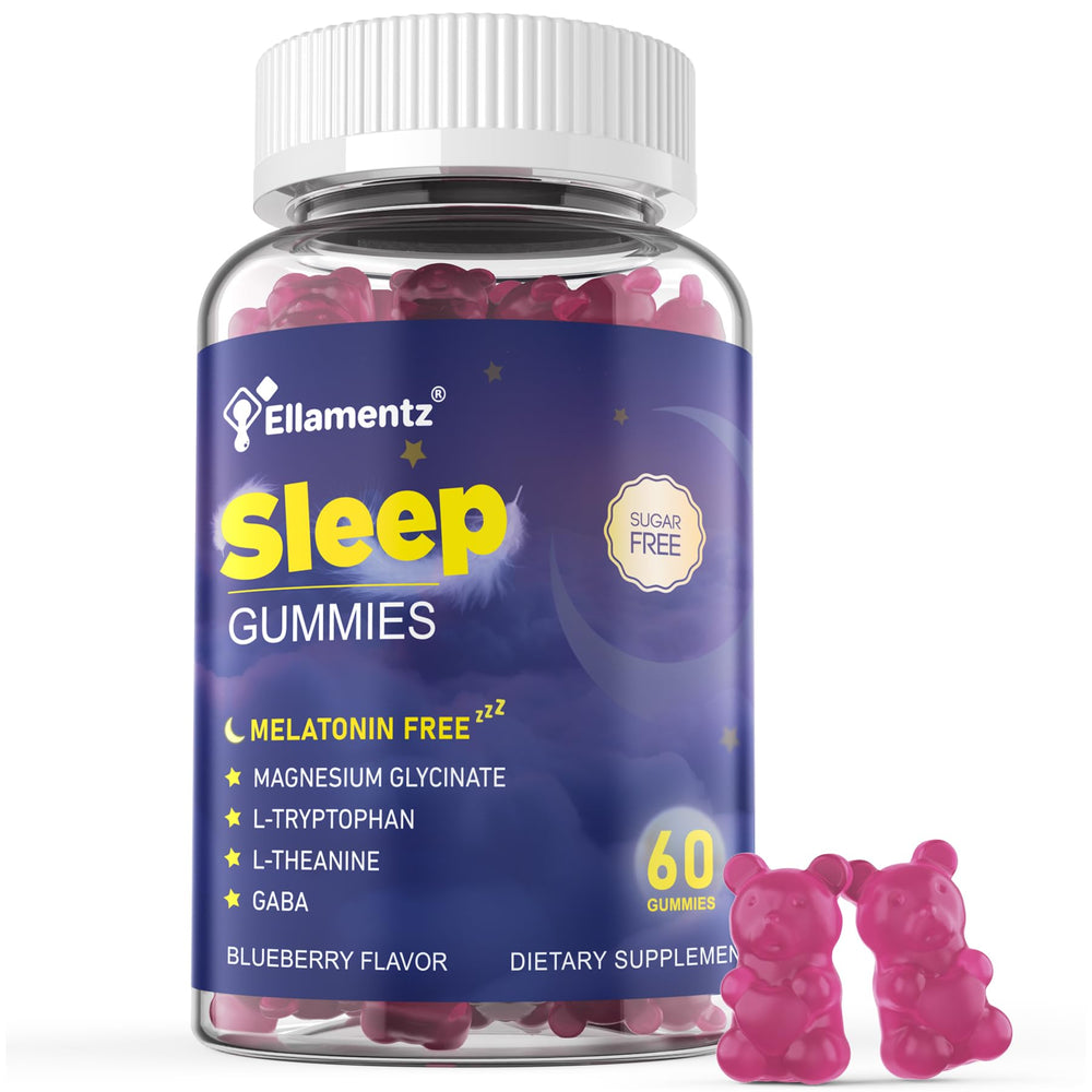 ELLAMENTZ Sleep Gummies blue bottle promotes a melatonin-free calm evening.