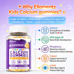 ELLAMENTZ Sugar-Free Kids Calcium Gummies D3 bottle closeup shows vitamin D3 inclusion