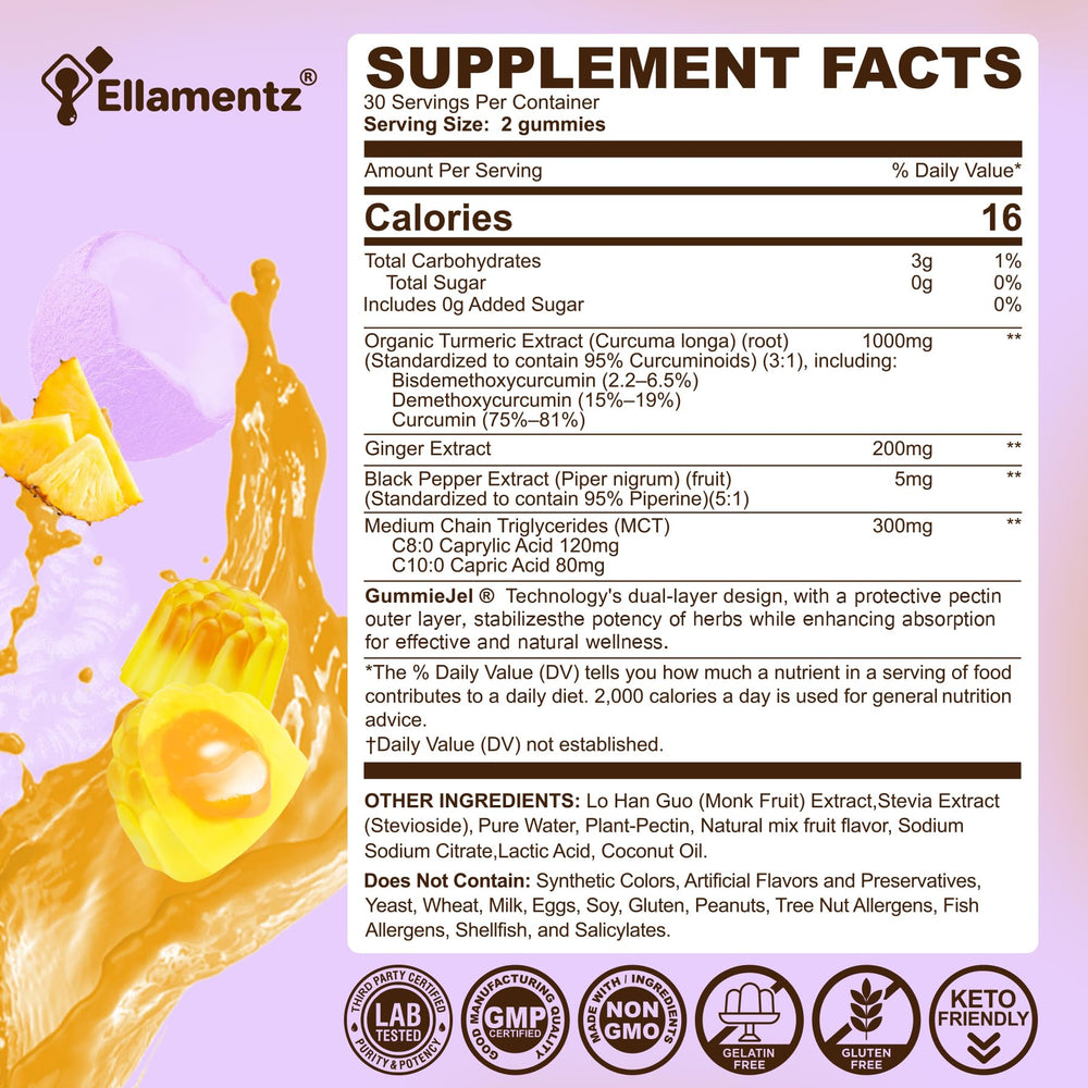 ELLAMENTZ Turmeric Gummies dual-layer shell highlights stability and potent core.