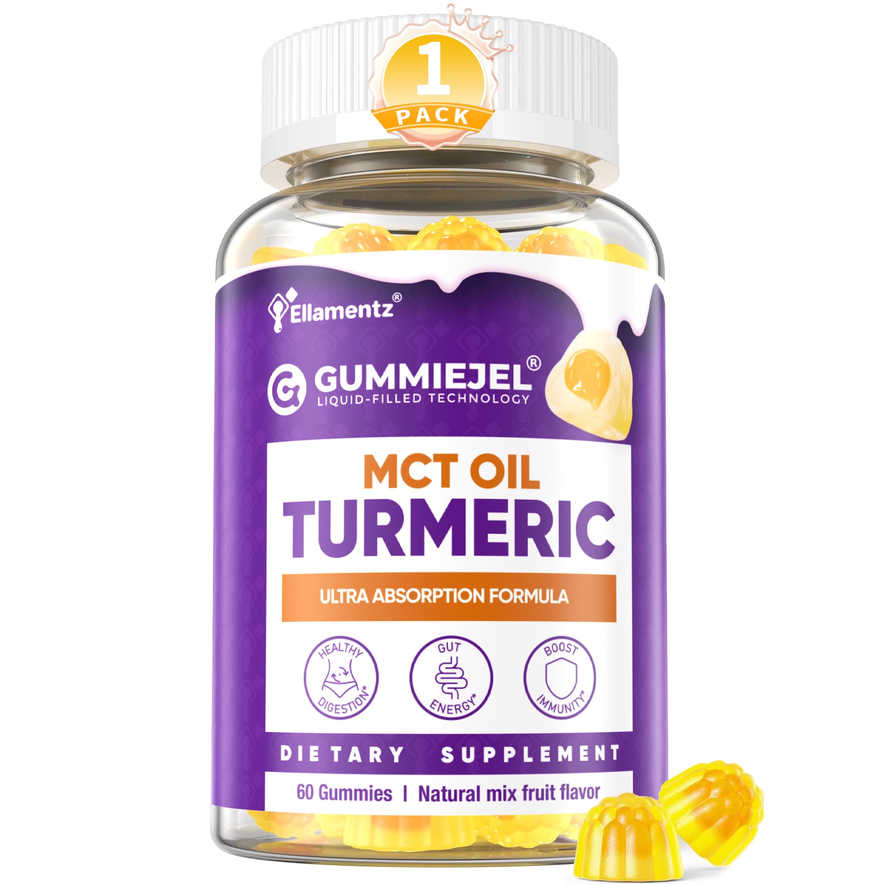 ELLAMENTZ Turmeric Gummies bottle featuring ginger and black pepper for daily wellness.