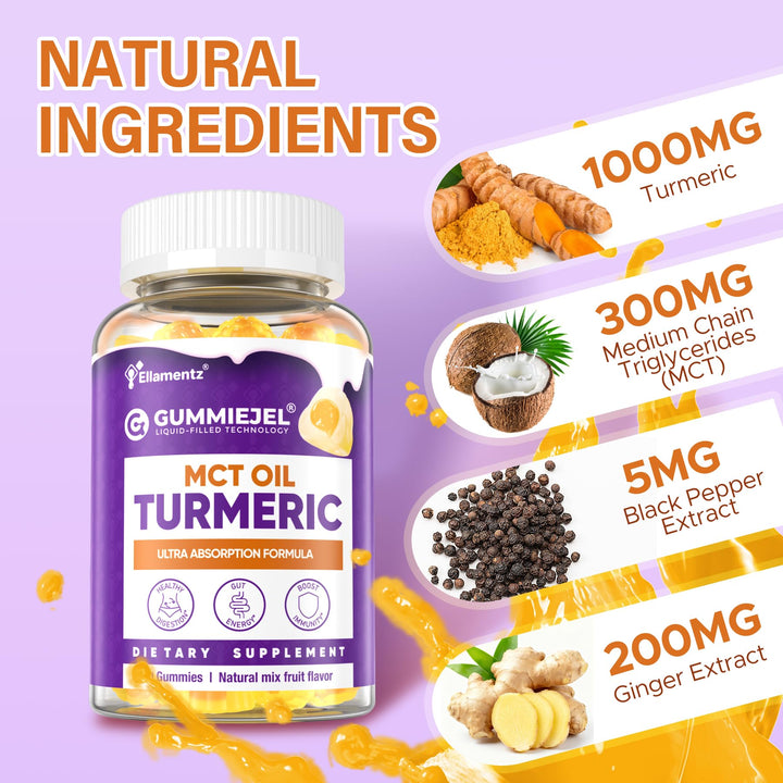 ELLAMENTZ Turmeric Gummies with MCT oil drops support absorption.