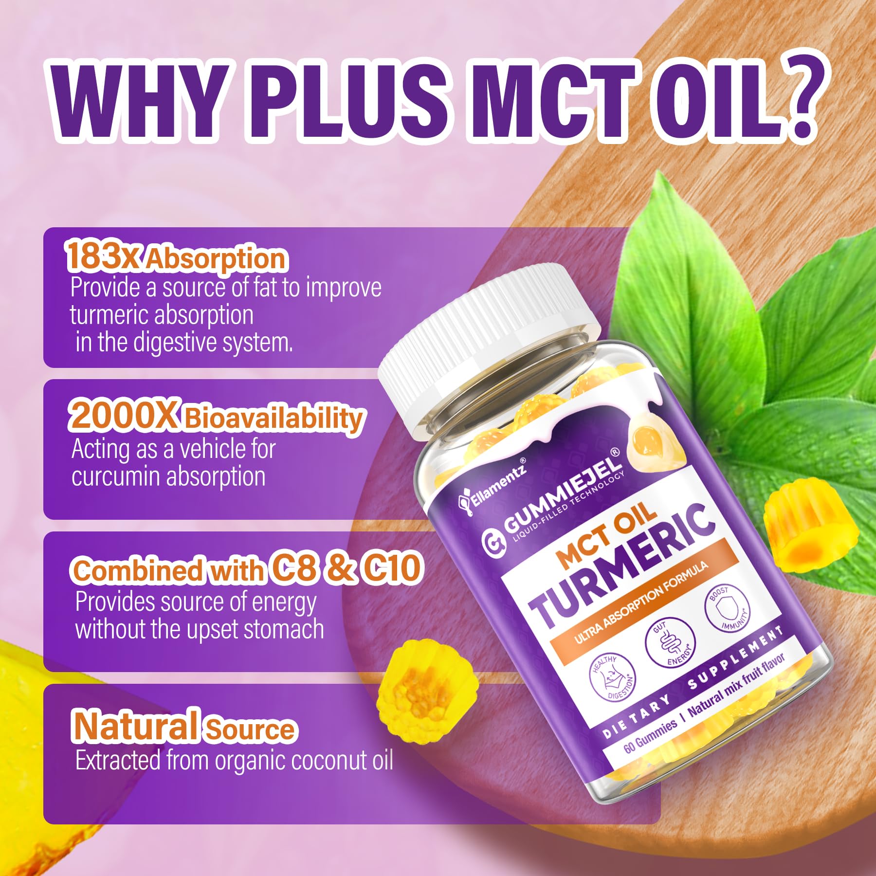 ELLAMENTZ Turmeric Gummies pineapple flavor packaging conveys sugar-free option.