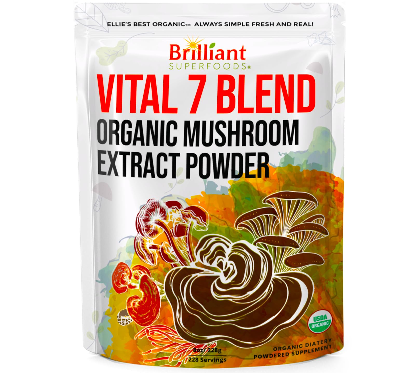 Ellie's Best balance mushroom powder bottle pour for easy daily dosing in smoothies or coffee