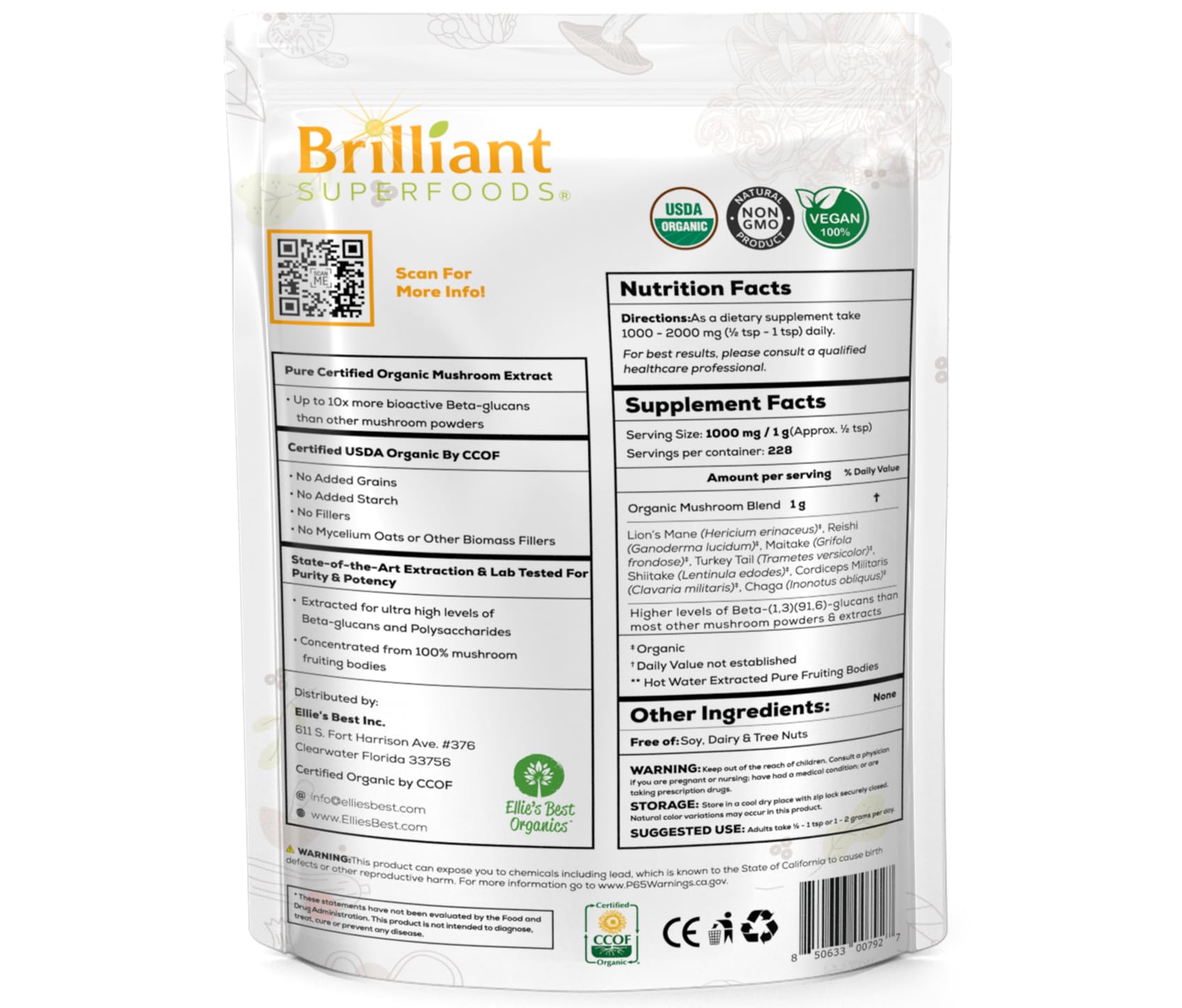 Ellie's Best balance mushroom powder packaging shot emphasizing no fillers and double extraction