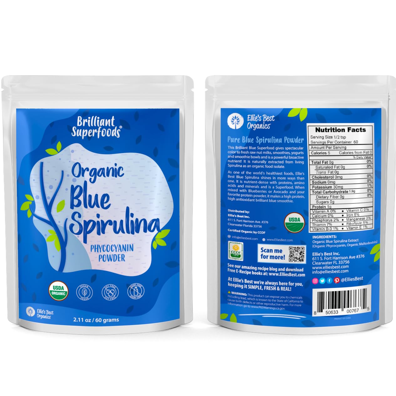 Ellie's Best blue spirulina powder colorant for desserts and bowls.