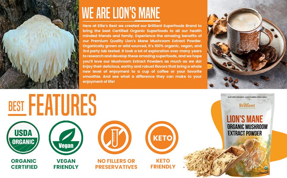 Ellie's Best Lion's Mane from 100% fruiting bodies with lab-tested purity.