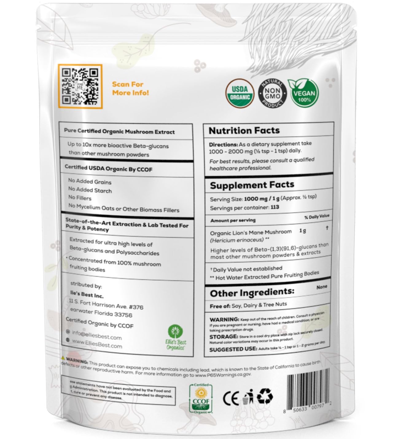 Product from Ellie's Best Lions Mane uses 100% fruiting bodies.