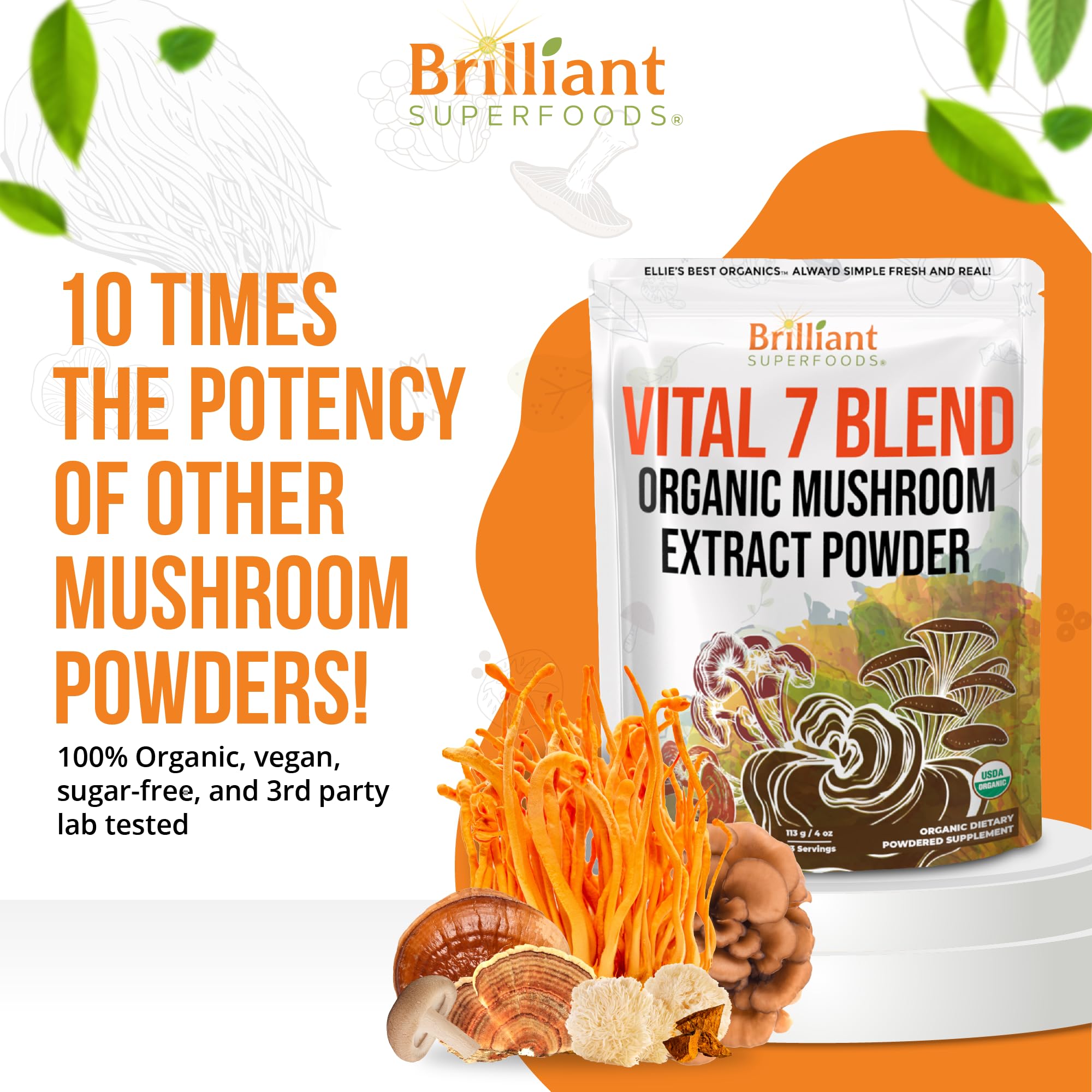 Ellie's Best Vital 7 extract ingredients close-up shows seven mushrooms