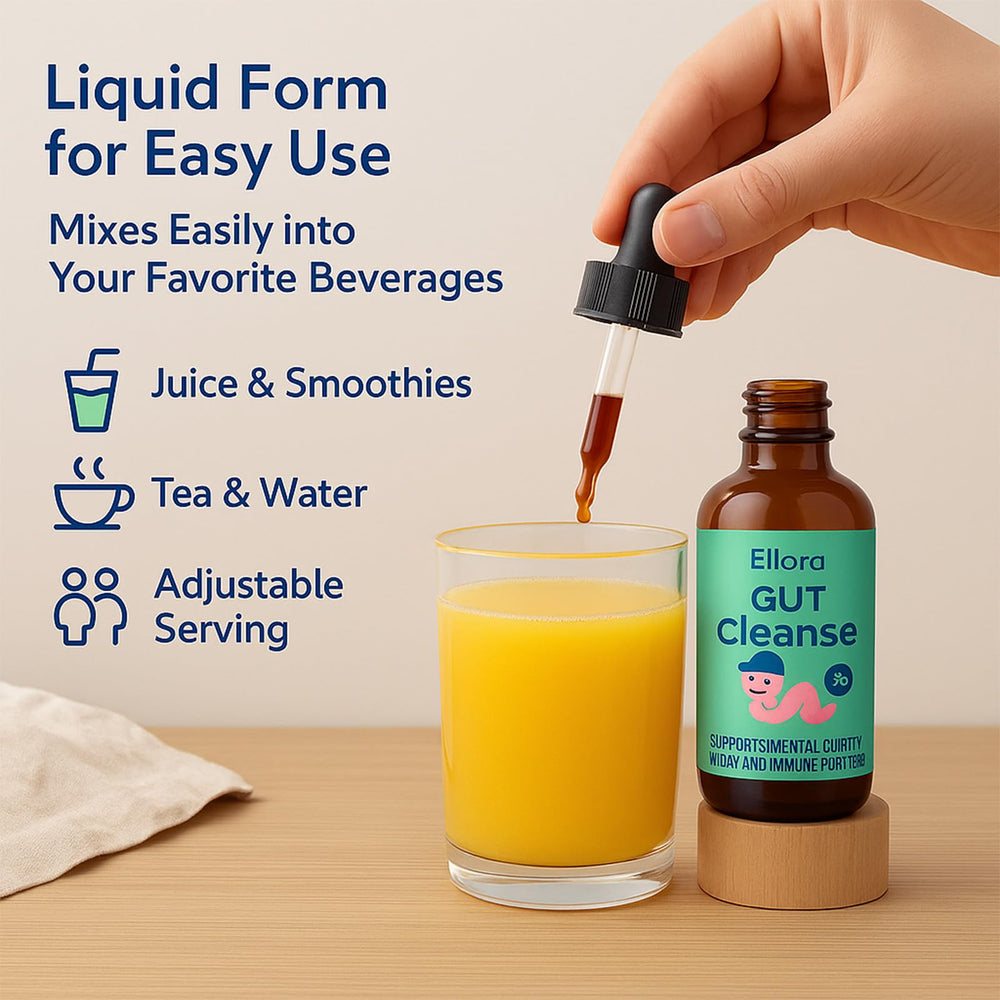 ELLORA Gut Cleanse drops pouring into a cup for daily use.
