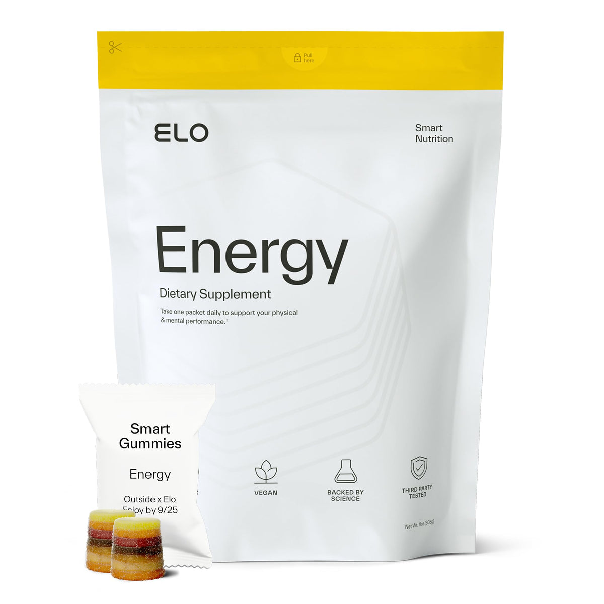 Elo Health energy gummies jar close-up showing jitter-free focus support