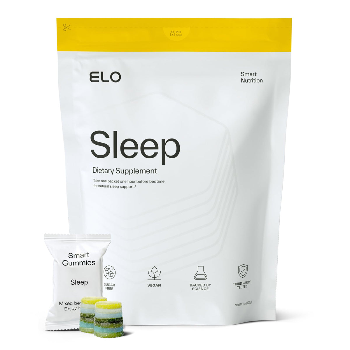 Elo Health Non-Groggy Sleep Gummies bottle on nightstand for restful nights.
