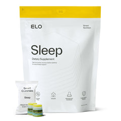 Elo Health Non-Groggy Sleep Gummies bottle on nightstand for restful nights.