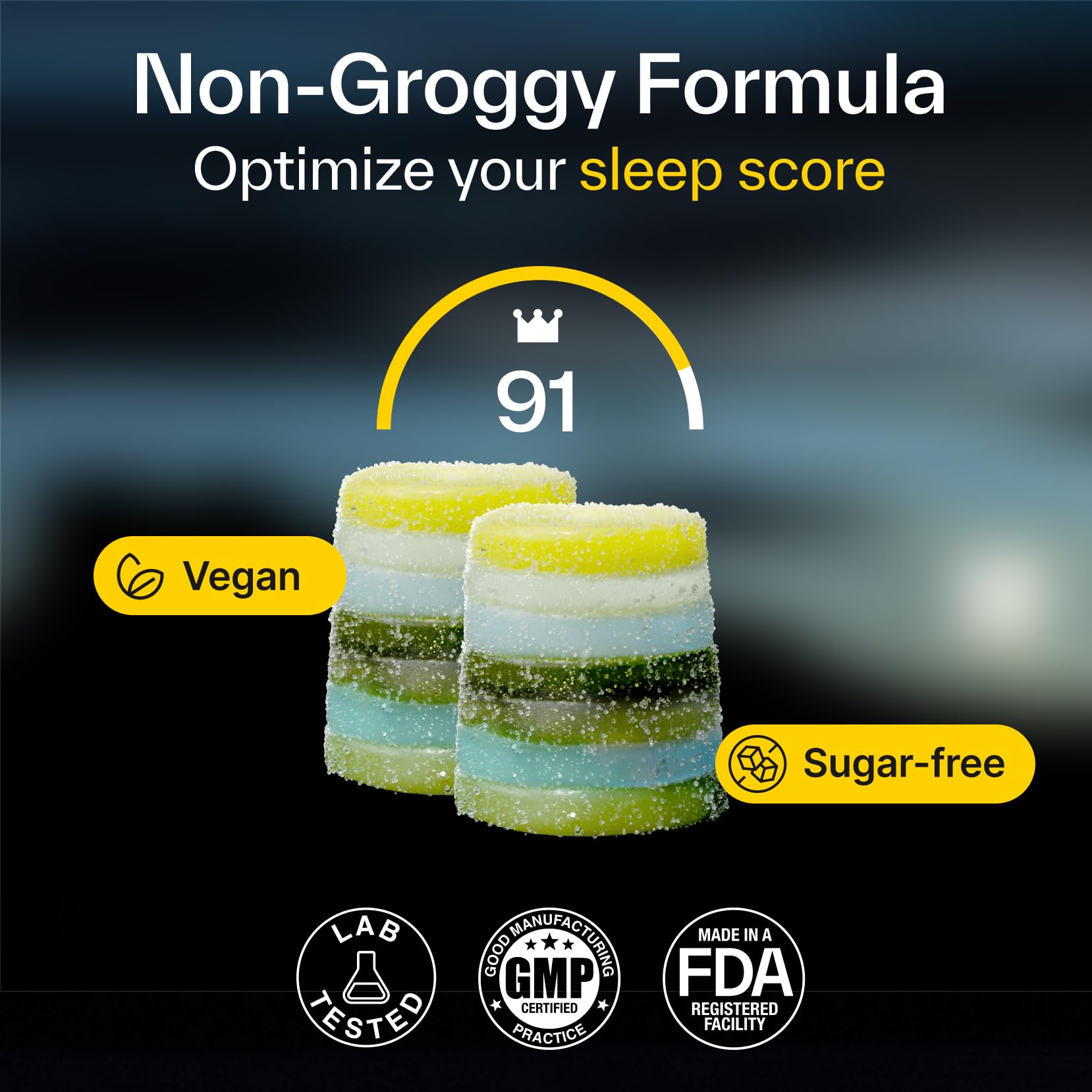 Packaging close-up of Elo Health Non-Groggy Sleep Gummies label for clarity.