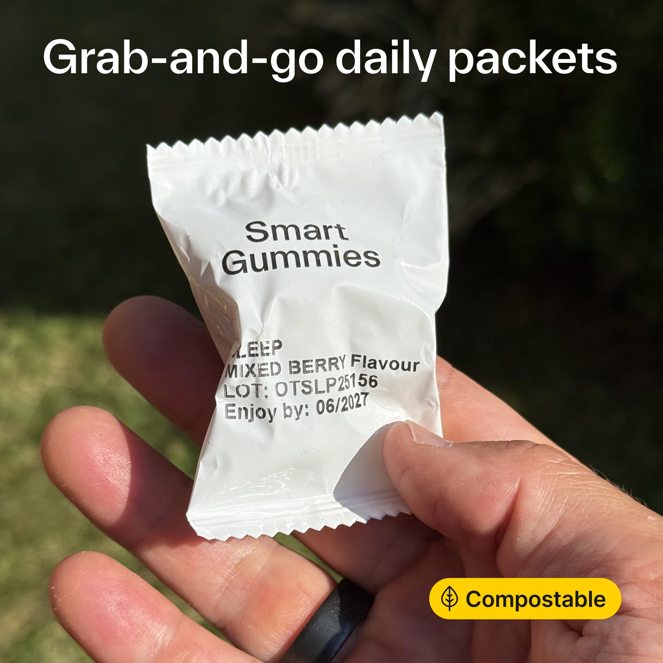 Detail shot of Elo Health gummy packaging for New Year wellness look.