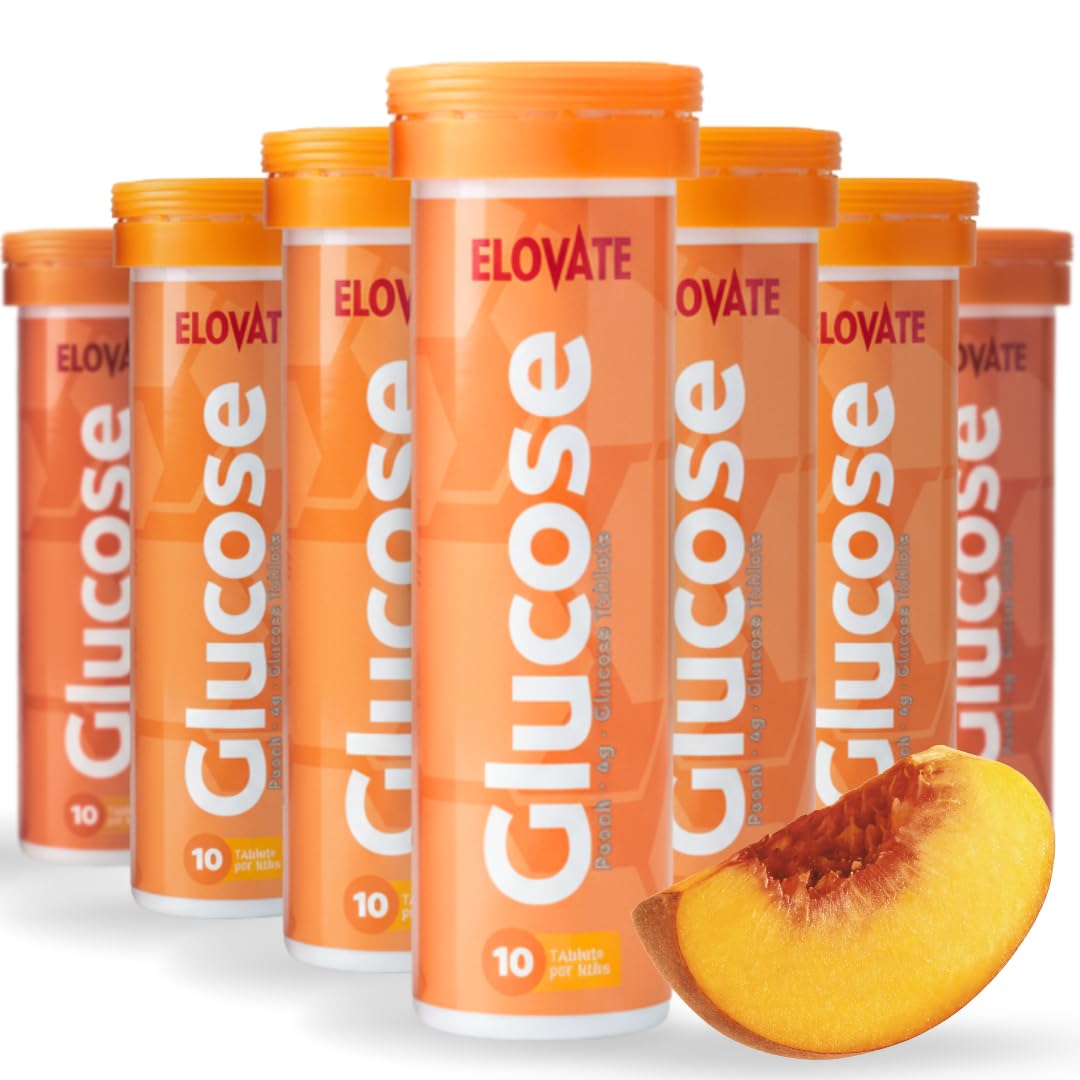 ELOVATE fast acting glucose tablets peach tubes ready for quick energy on the go.