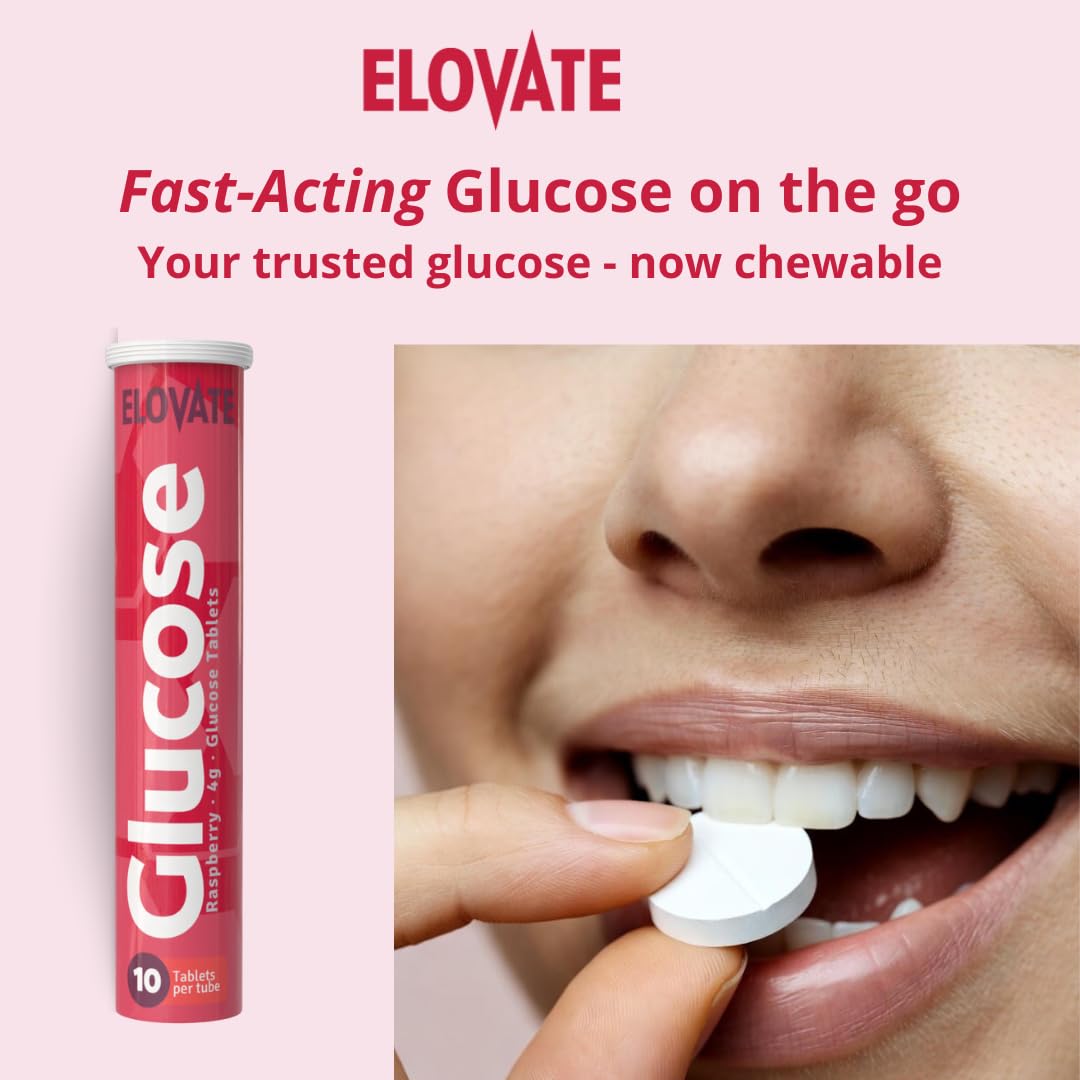 ELOVATE peach flavor glucose tablets in a tube for a refreshing energy boost.