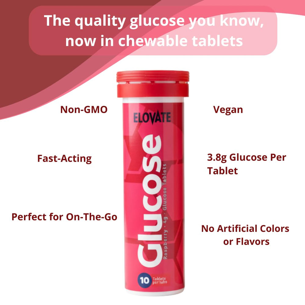 ELOVATE variety-pack glucose tablets offering convenient flavor options for quick support.