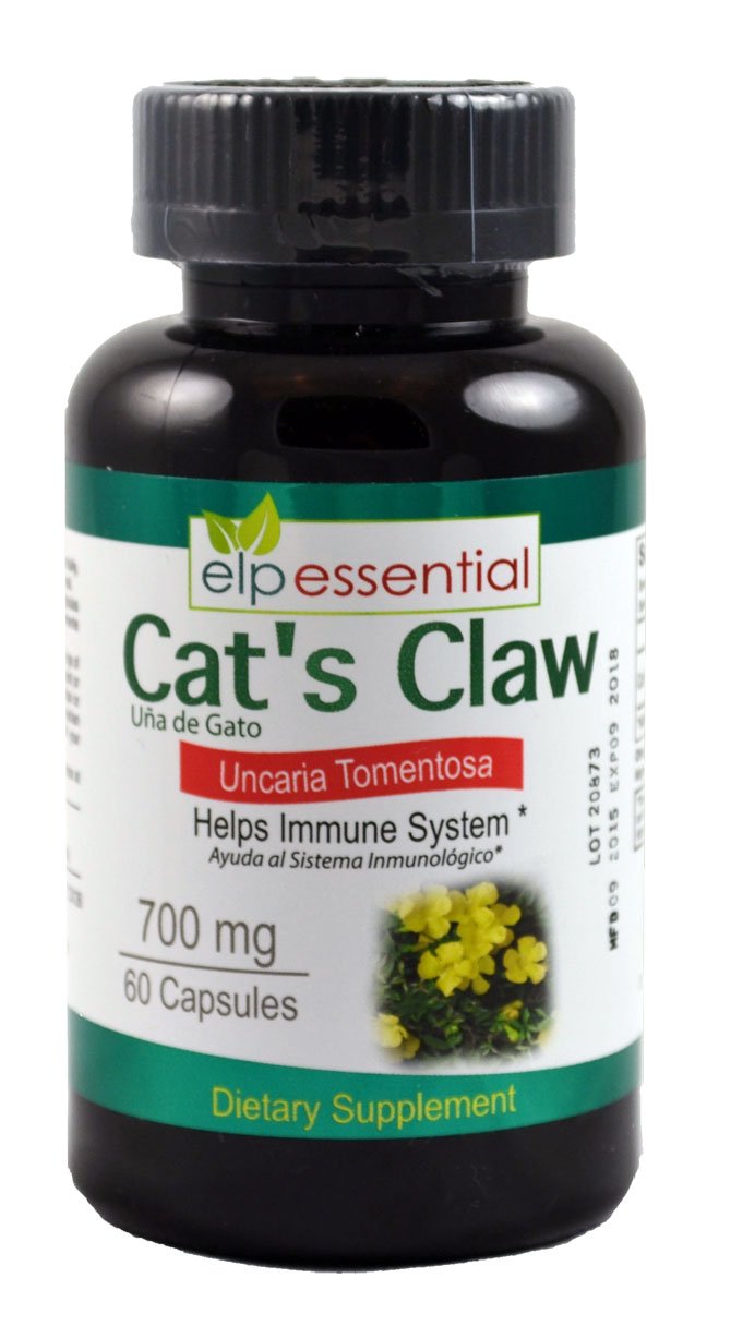 ELP ESSENTIAL Cat's Claw bottle close-up highlighting 700 mg capsules for daily immune support