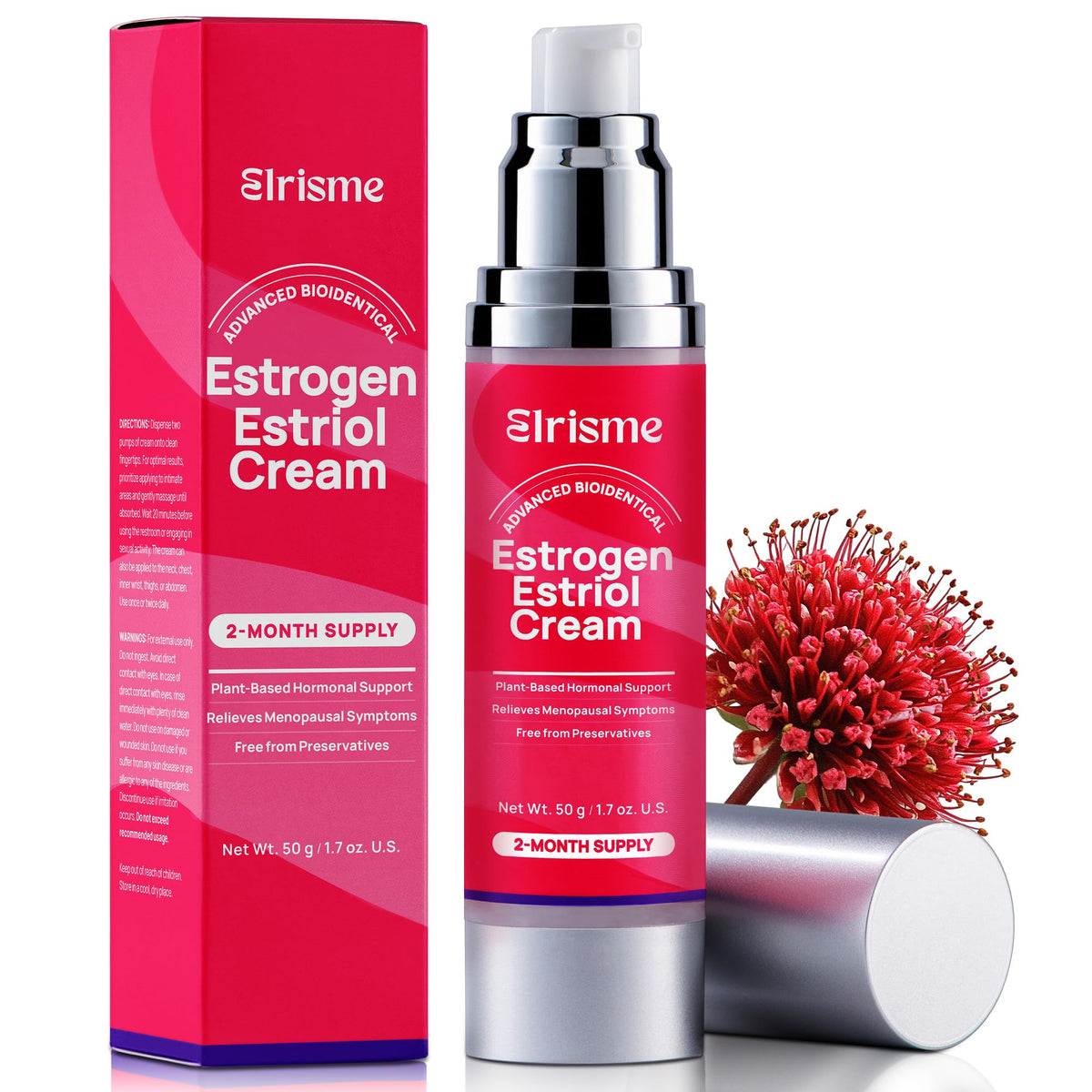 Elrisme Estriol Cream bottle pump for easy dispensing and menopause relief
