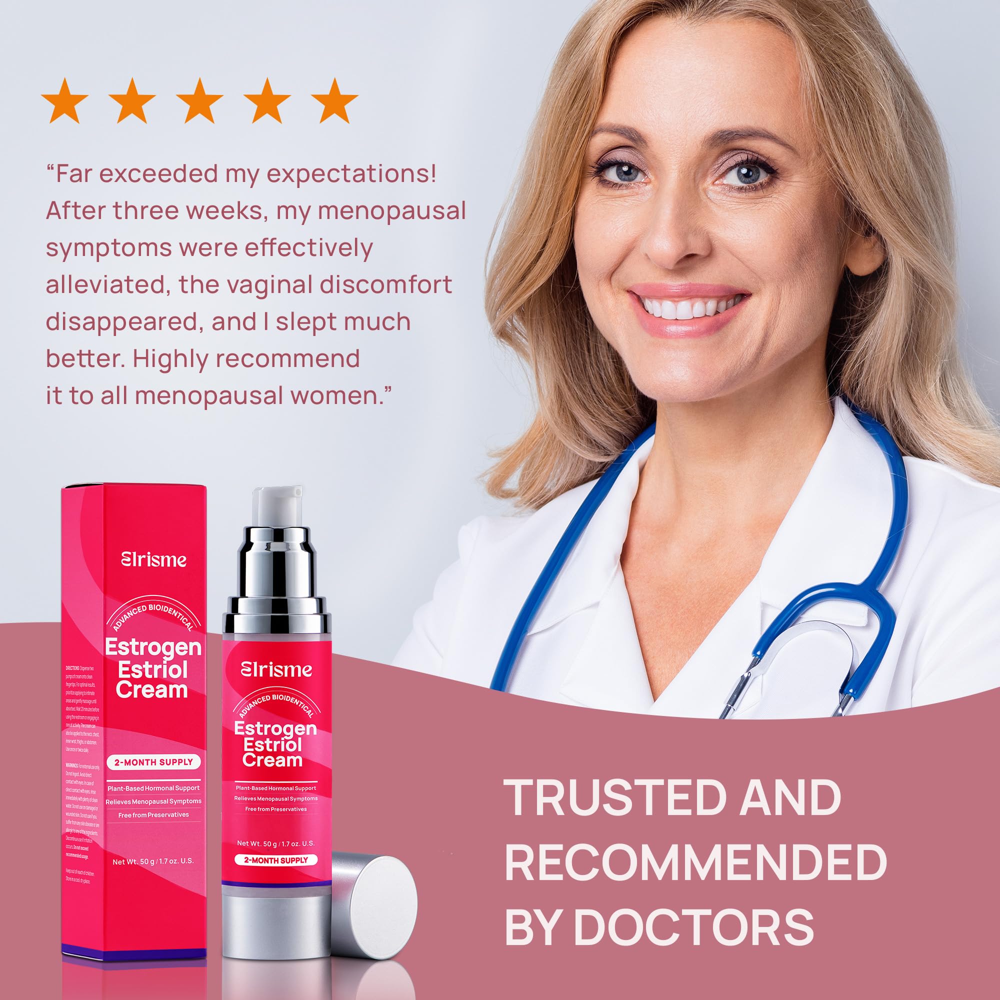 Elrisme Estriol Cream ingredients panel highlights safflower and Salvia miltiorrhiza