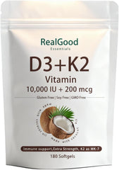 Elunara Real Good Essentials D3 K2 bottle front shows easy-to-swallow softgels for daily use.